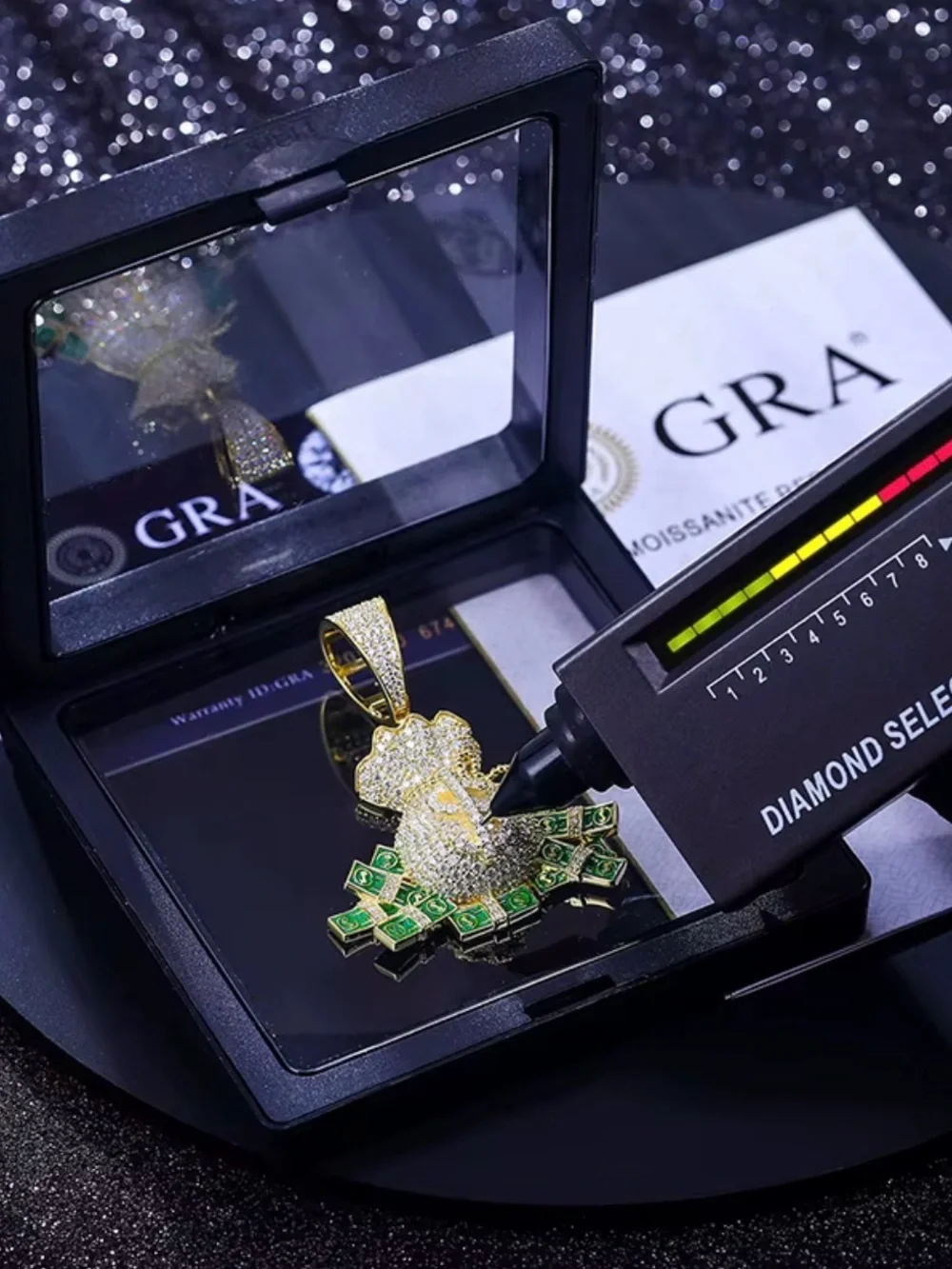 Luxury Moissanite Money Bag Pendant Necklace with Green Accents